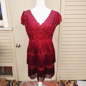 Marchesa Notte Red Floral Lace and Fringe Short Sleeved Mini Dress